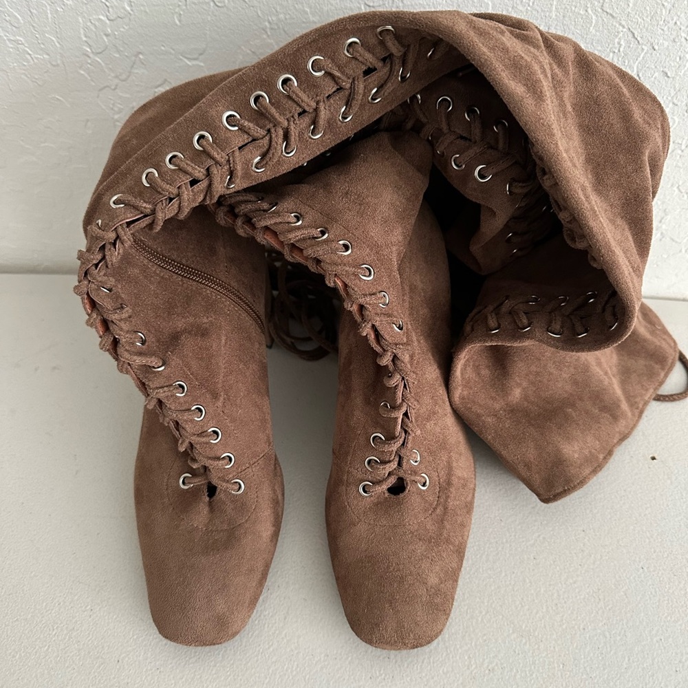 Jeffrey Campbell Taupe suede over the knee lace up boots